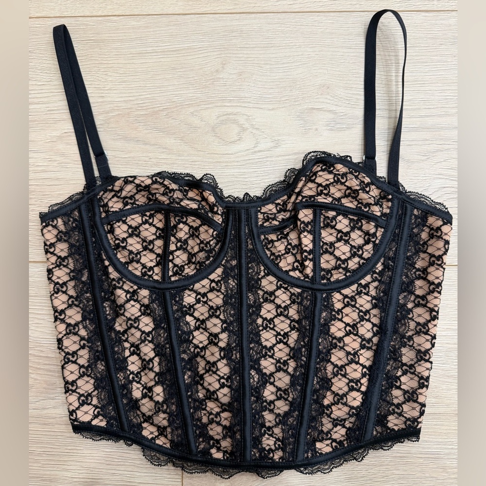 Gucci GG Net Corset Black Nude Lace All Over Logo Bustier Lace Shirt Top Medium - Picture 2 of 16